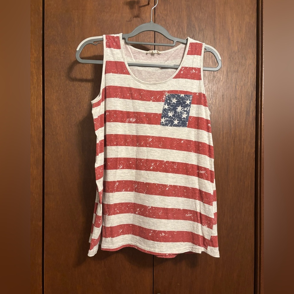 Red and White Striped Tank Top with Blue Star Pocket